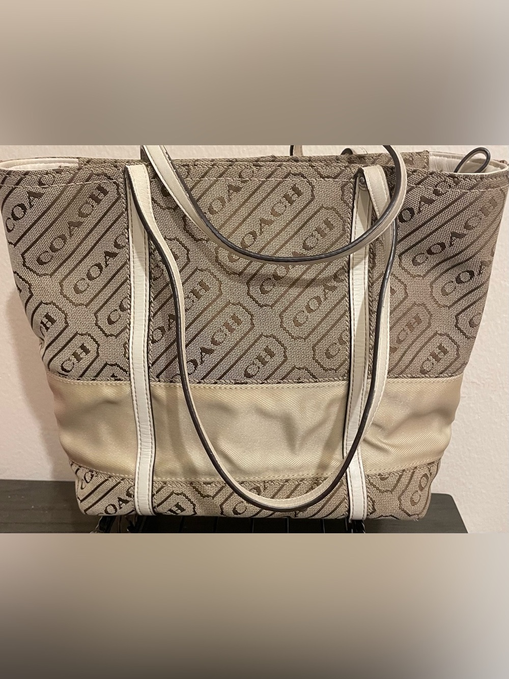 Coach Beige Logo Canvas Tote with Cream Trim